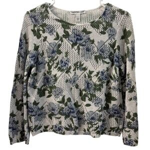 Cotton by Autumn Cashmere Floral Knit Sweater Top Women's Size S Blue Green